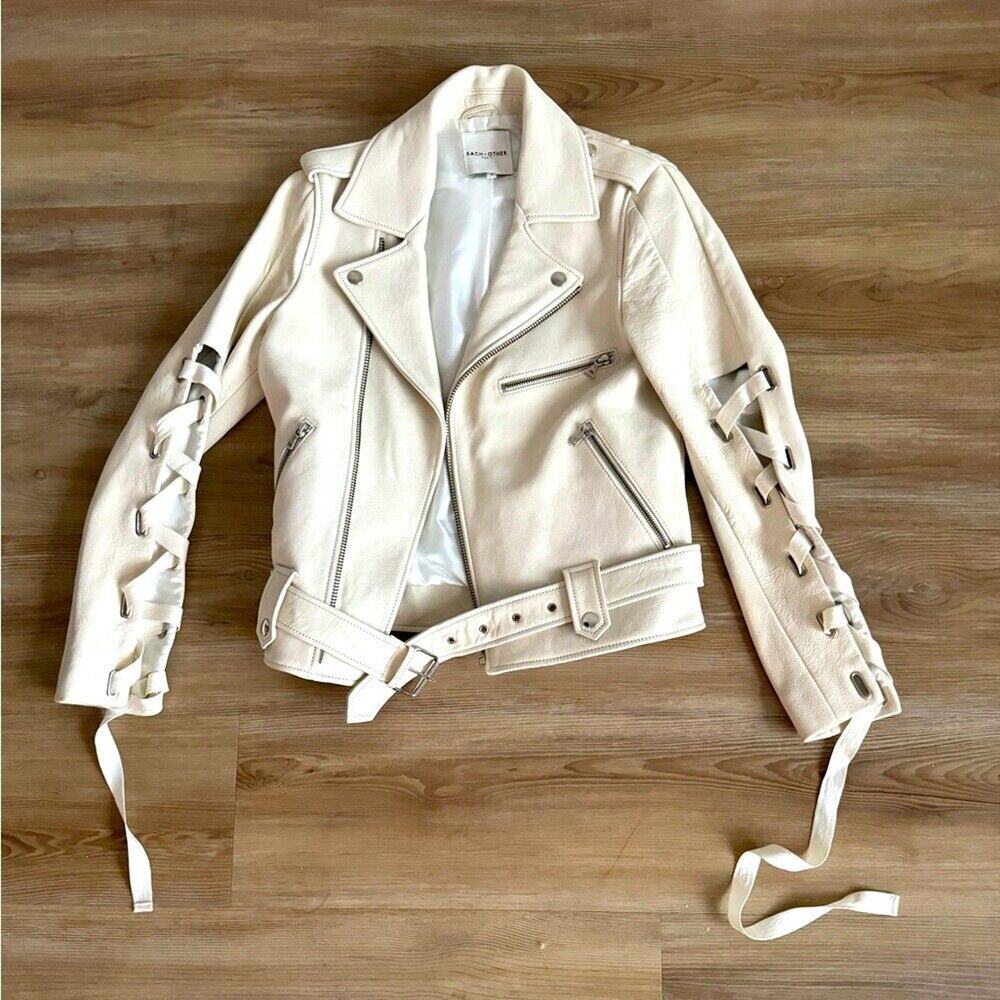 Celebrity Worn $1885 Each x Other white genuine leather moto jacket ribbon small